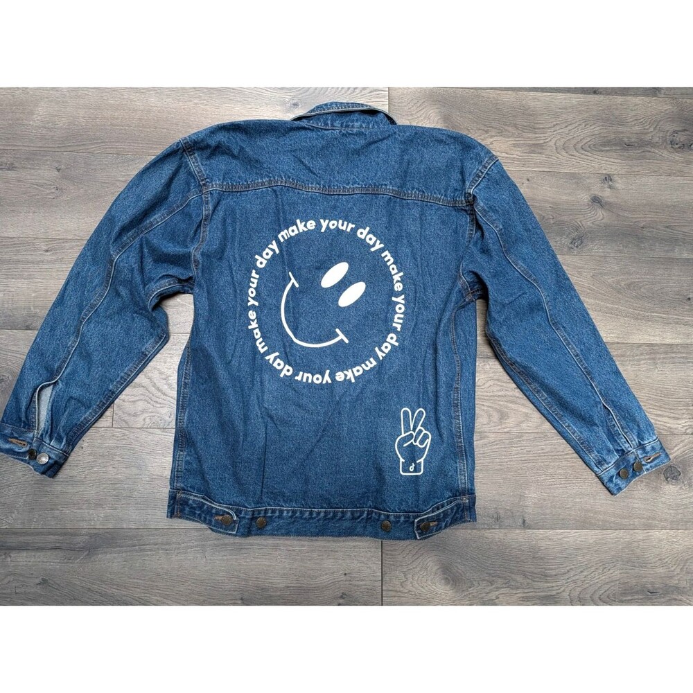 TikTok Denim Biker Jacket Blue Graphic Print Make Your Day Smiley Peace Sign M